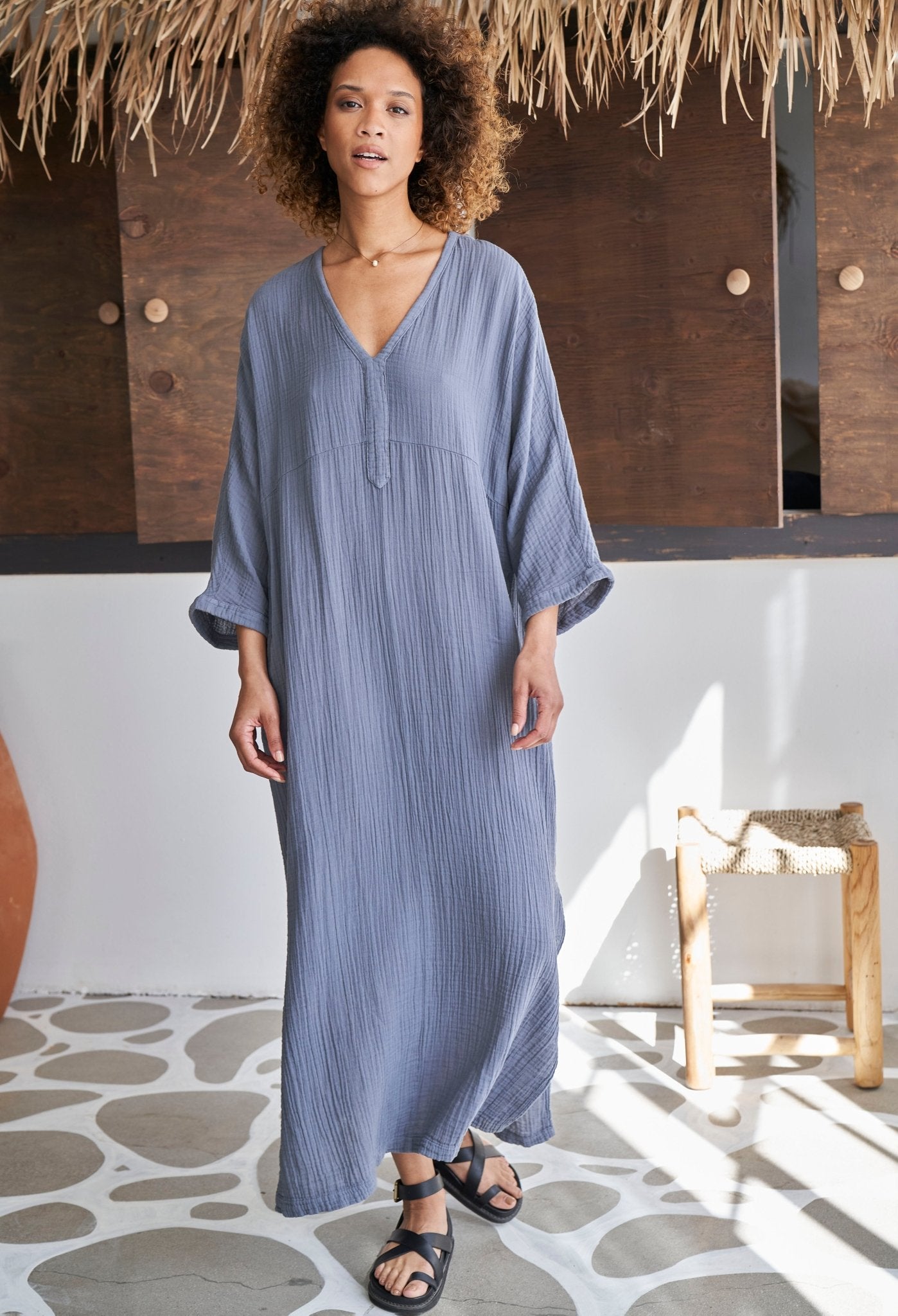 Petrol Cotton Gauze Arc Seam Caftan - ocean+main