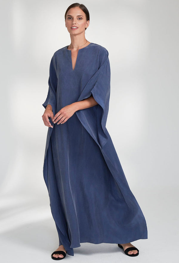 Petrol Cupro Belted Long Caftan - ocean+main