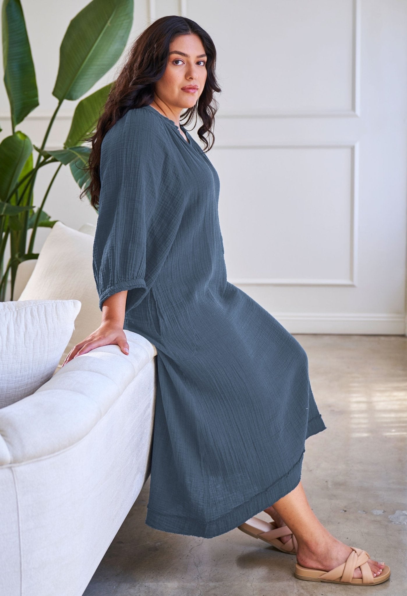 Petrol Gauze Dress with Pockets - ocean+main