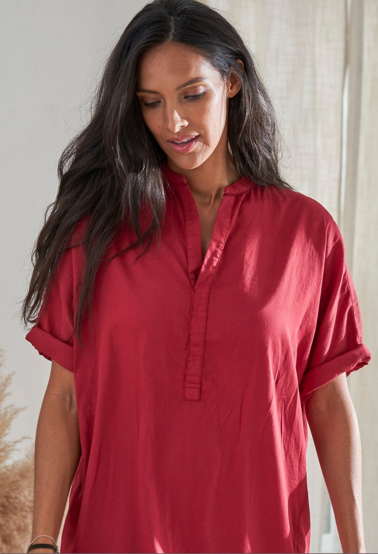 Short Red Cotton Easy Shirt Dress - ocean+main
