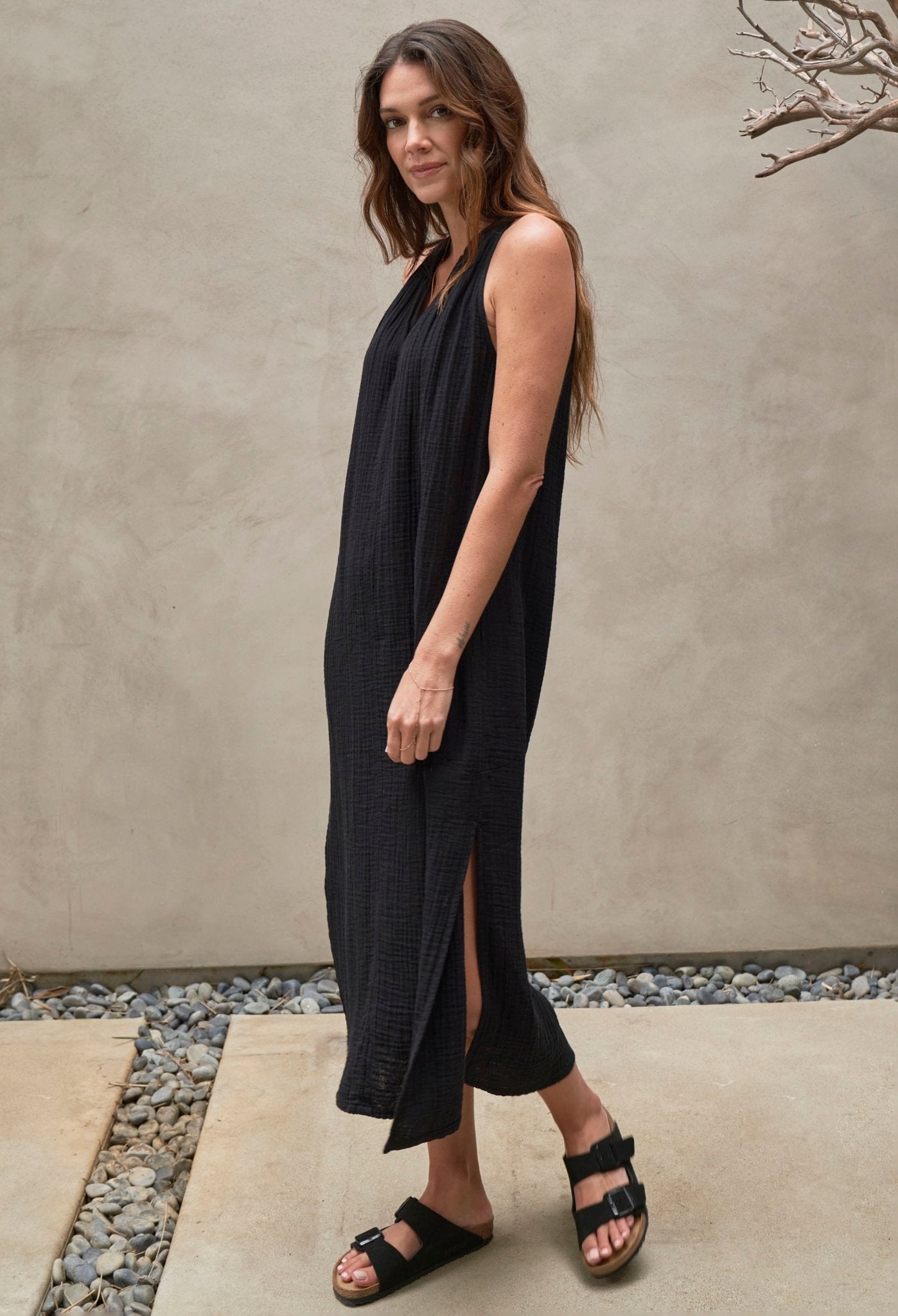 Sleeveless Black Gauze Midi Dress with Pockets - ocean+main