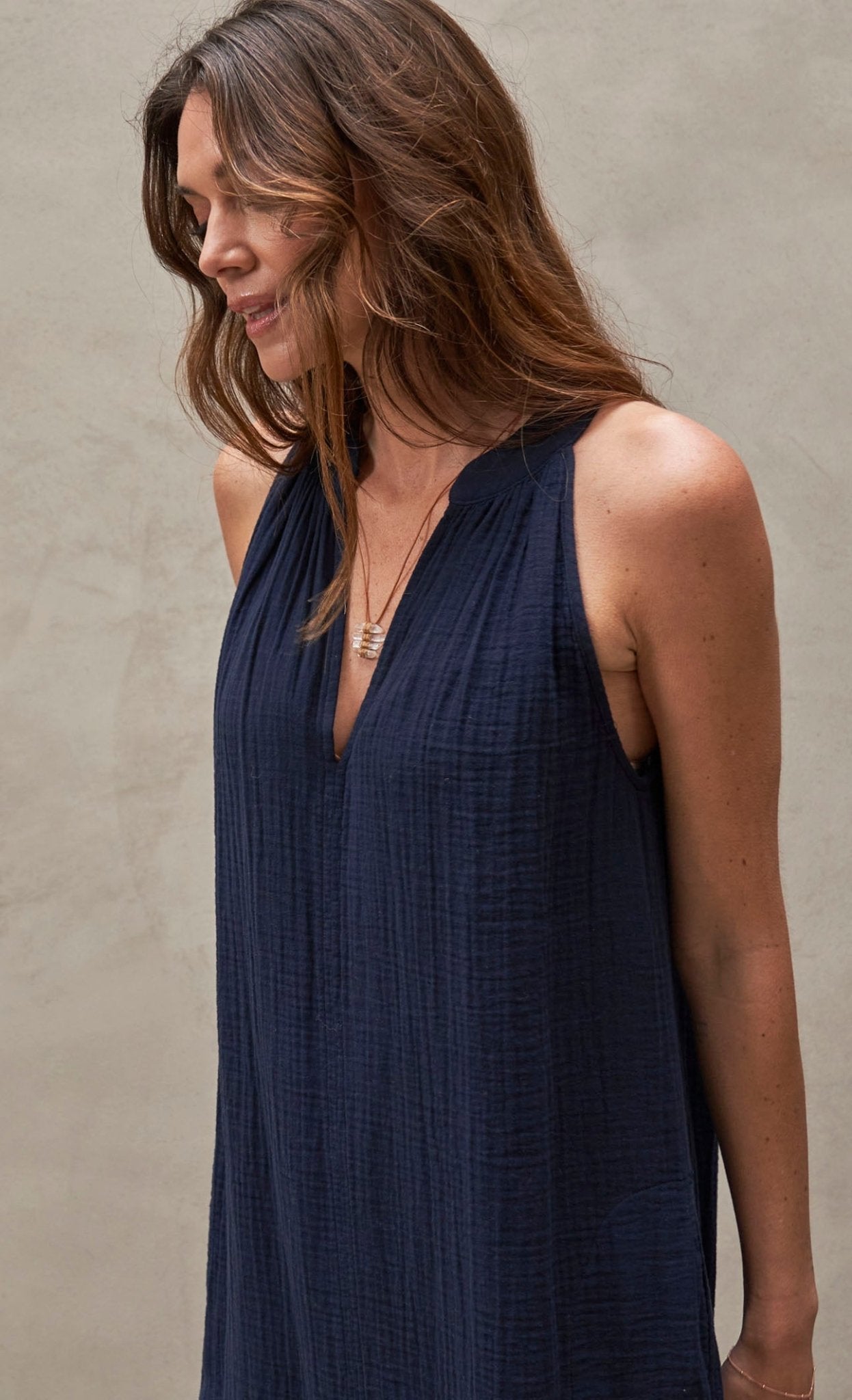 Sleeveless Navy Gauze Dress with Pockets - ocean+main