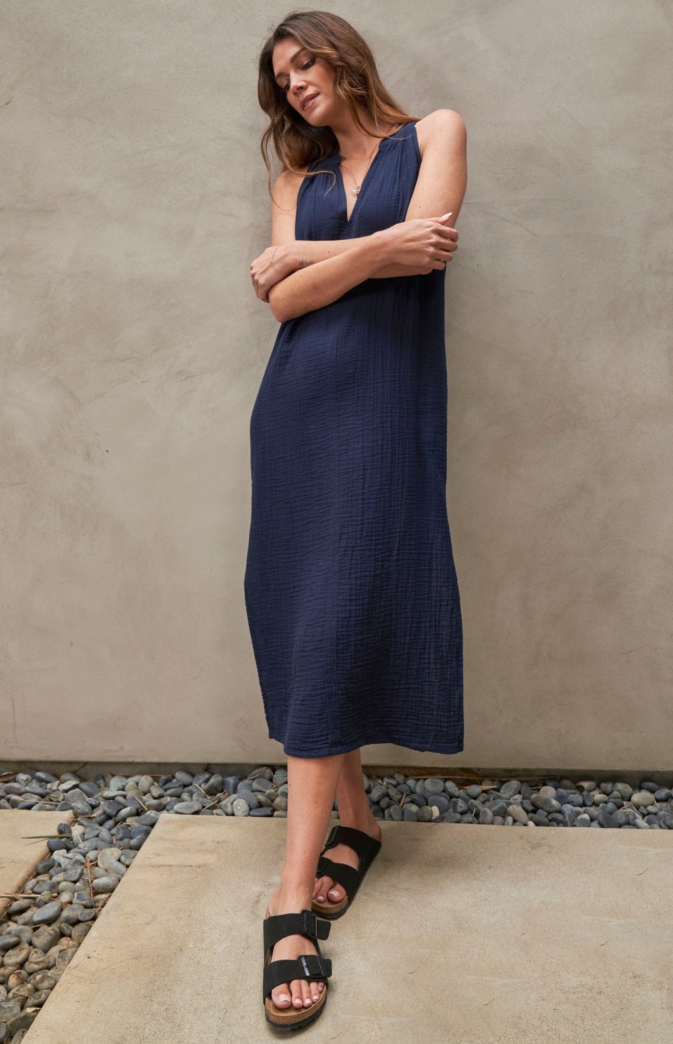 Sleeveless Navy Gauze Dress with Pockets - ocean+main