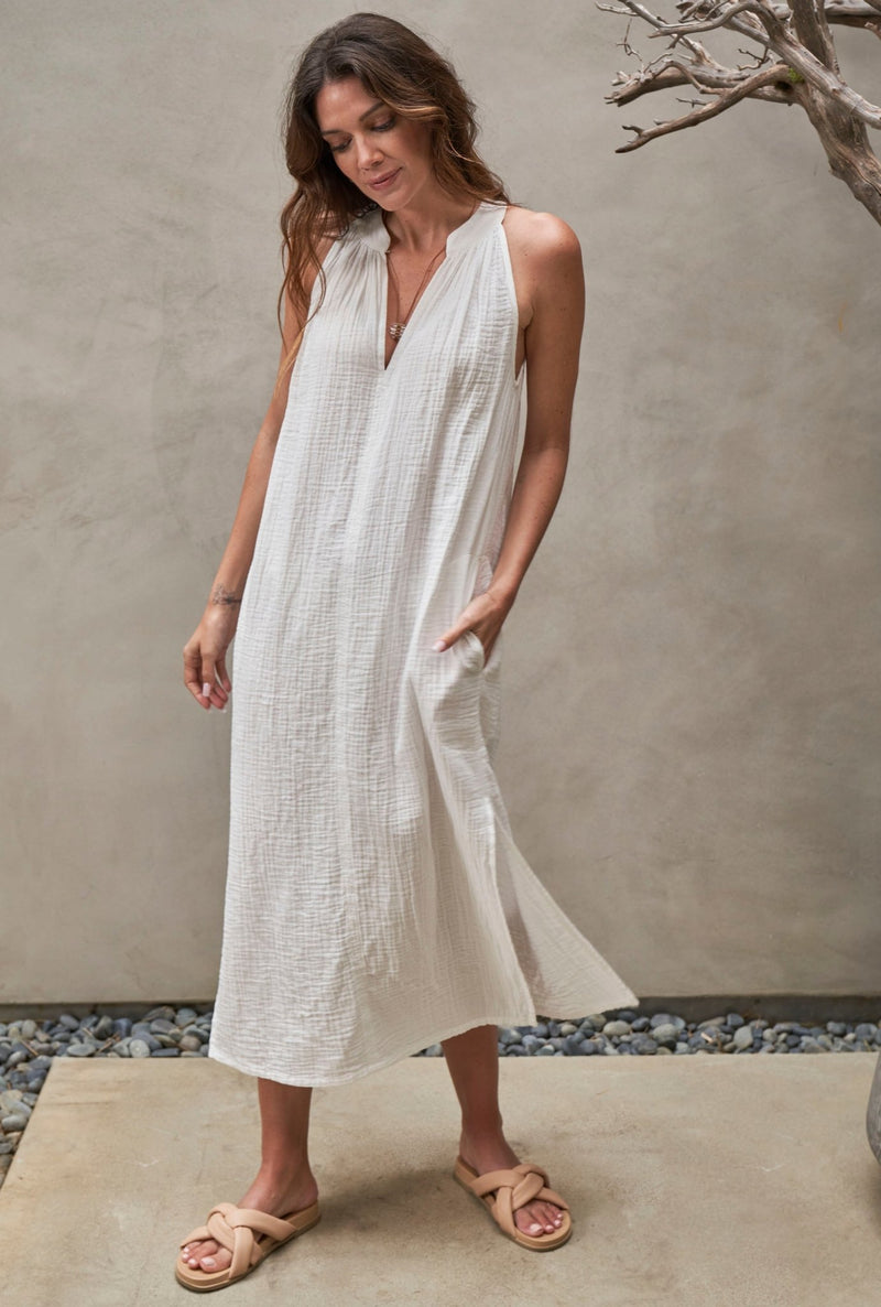 Sleeveless White Gauze Midi Dress with Pockets - Sale