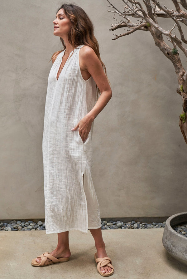 Sleeveless White Gauze Dress with Pockets - ocean+main