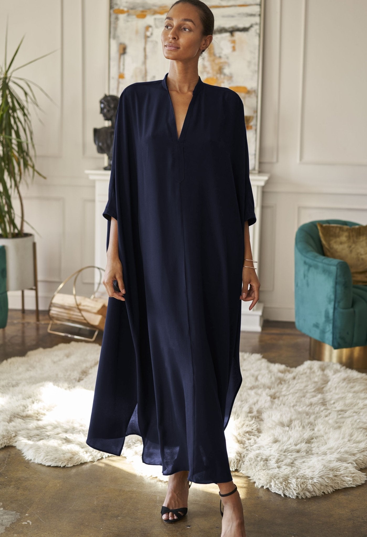 Talitha Silk Navy Caftan - ocean+main