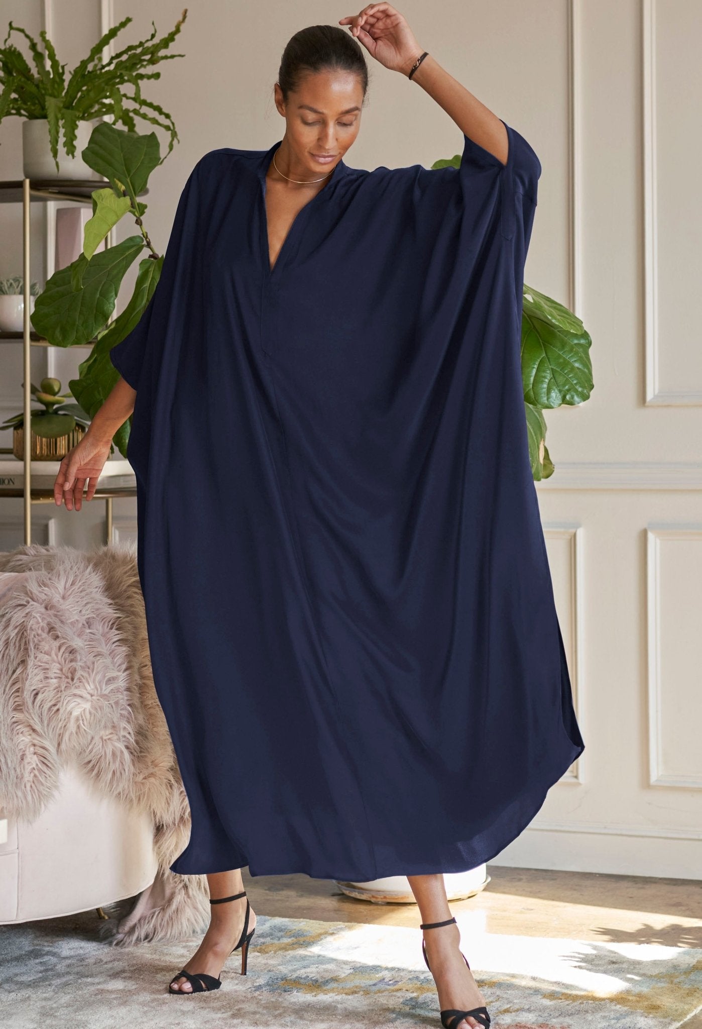 Talitha Silk Navy Caftan - ocean+main