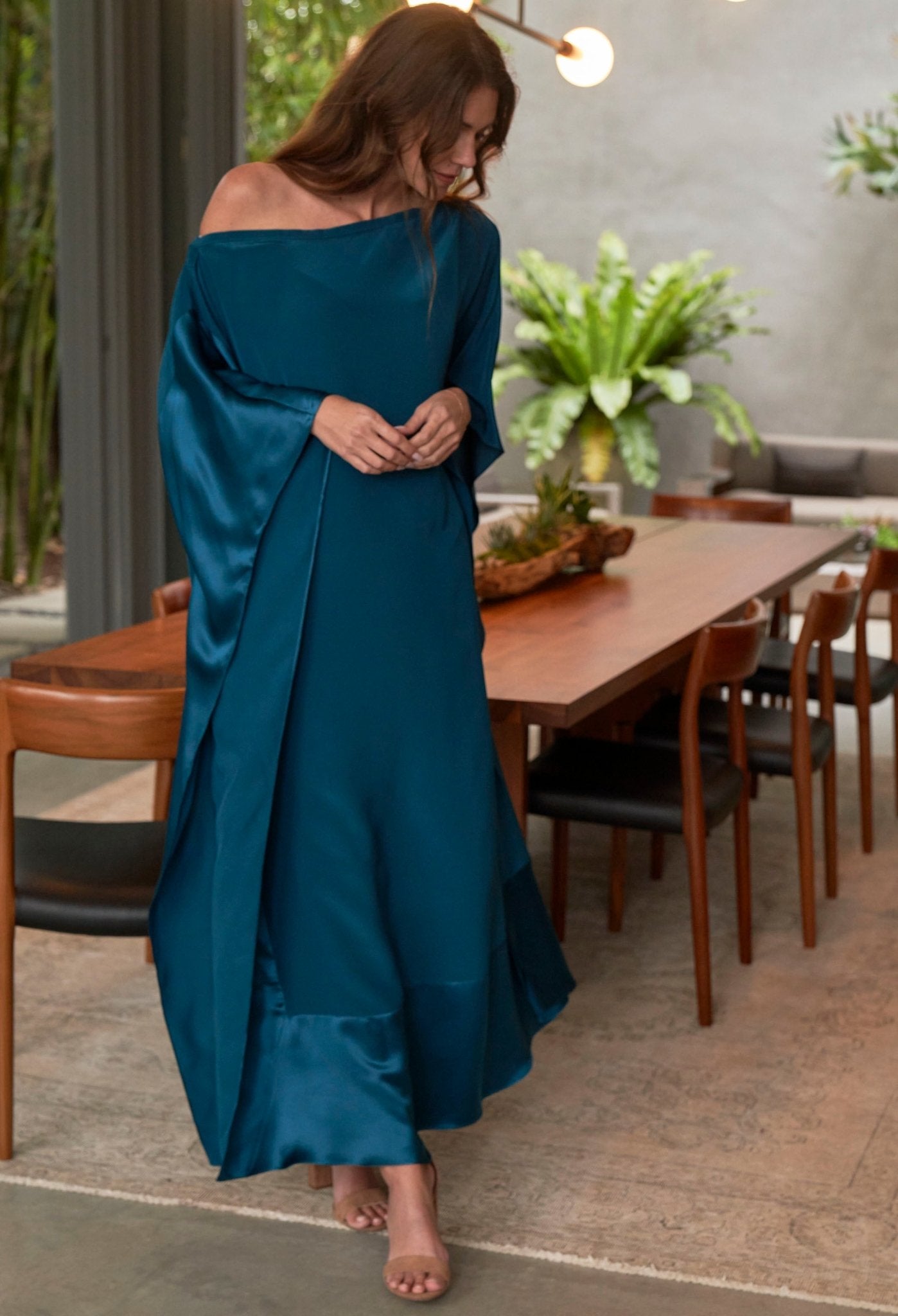 Teal Silk Boatneck Caftan - ocean+main