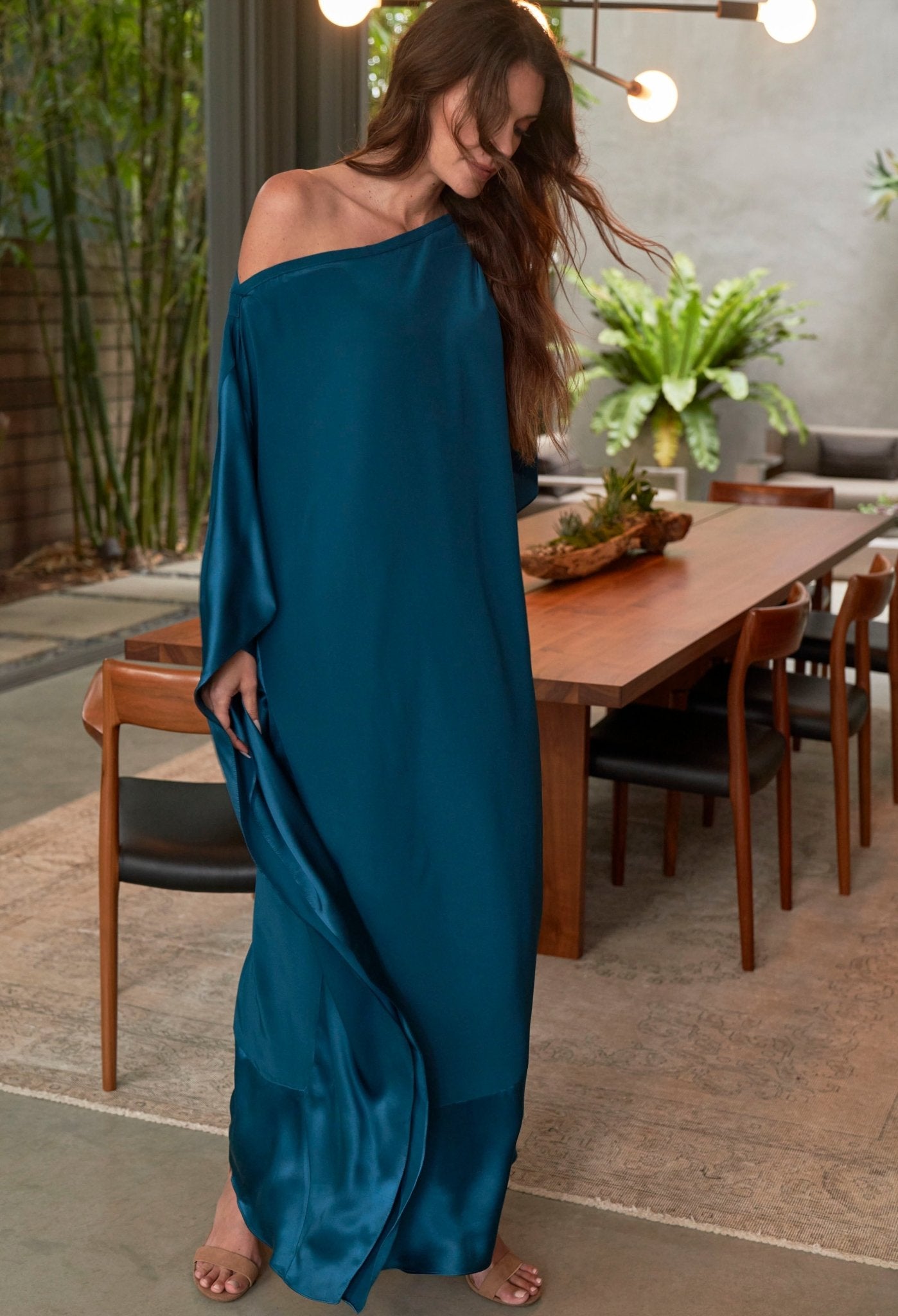 Teal Silk Boatneck Caftan - ocean+main