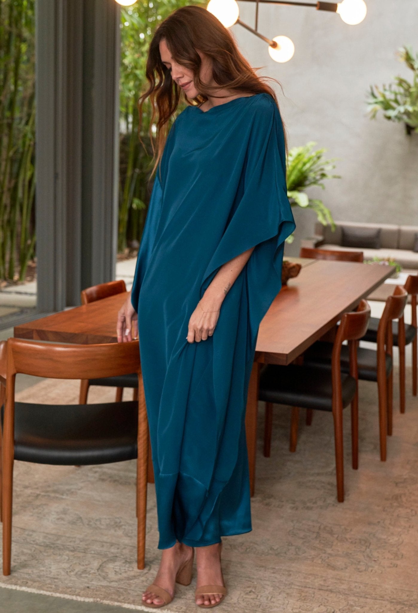 Teal Silk Boatneck Caftan - ocean+main