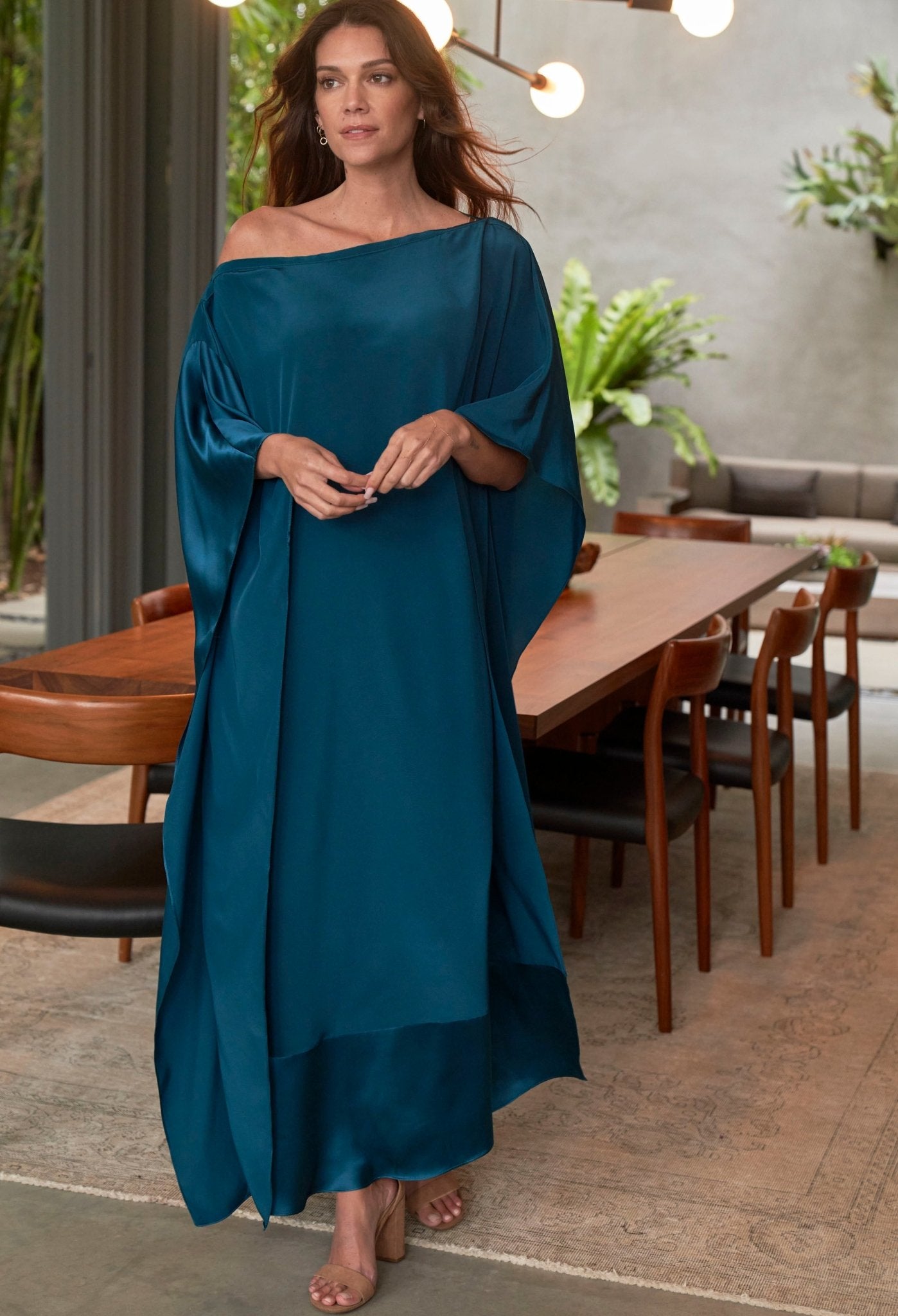 Teal Silk Boatneck Caftan - ocean+main