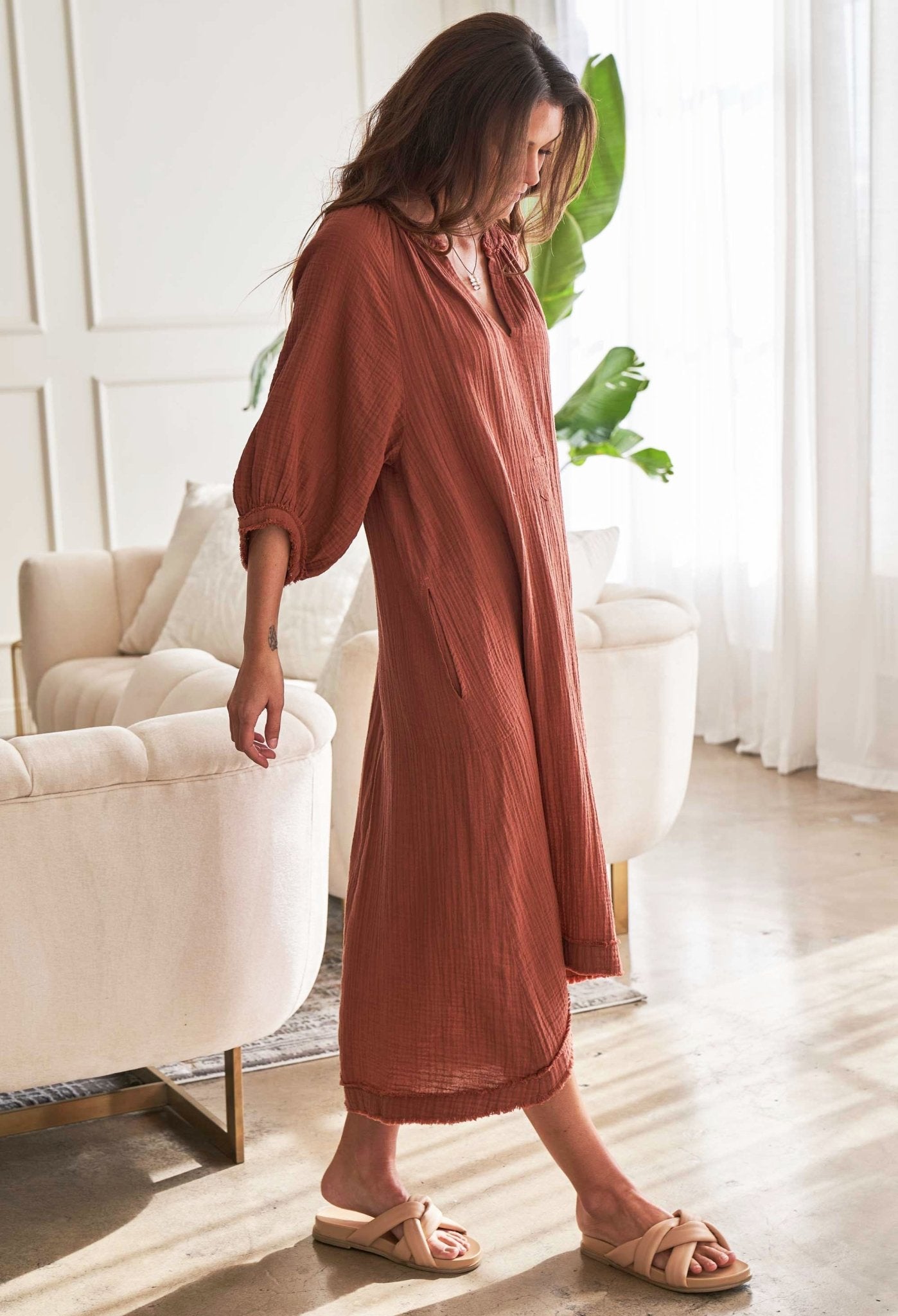 Terracotta Gauze Dress with Pockets - ocean+main