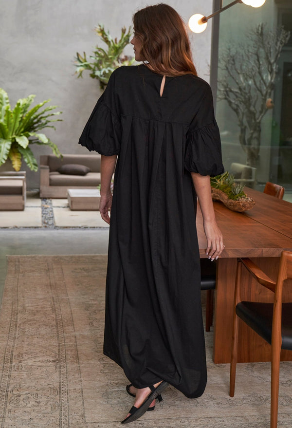 UPCYCLED - Black Puff Sleeve Long Cotton Dress - ocean+main