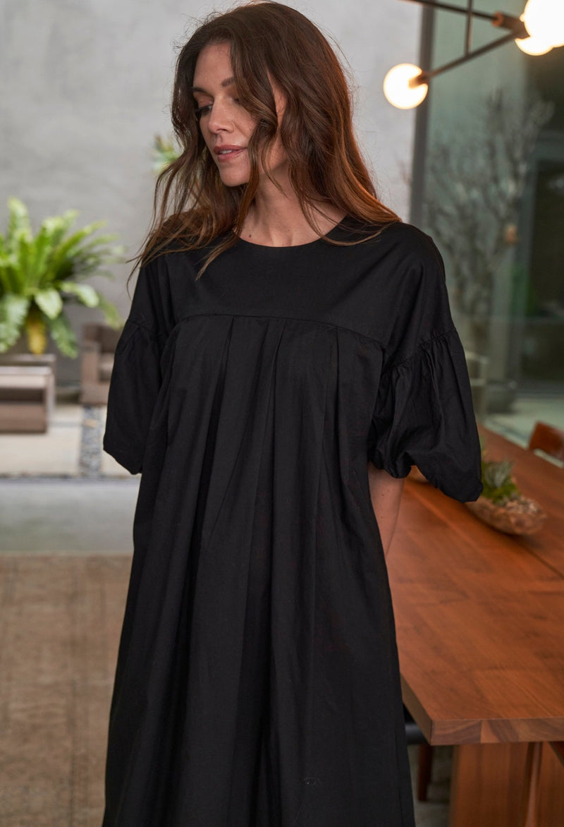 UPCYCLED - Black Puff Sleeve Long Cotton Dress