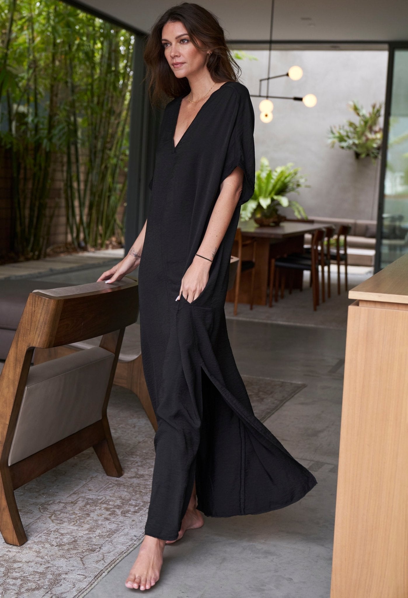 UPCYCLED - Mykonos Black Cupro V-Neck Long Caftan - ocean+main