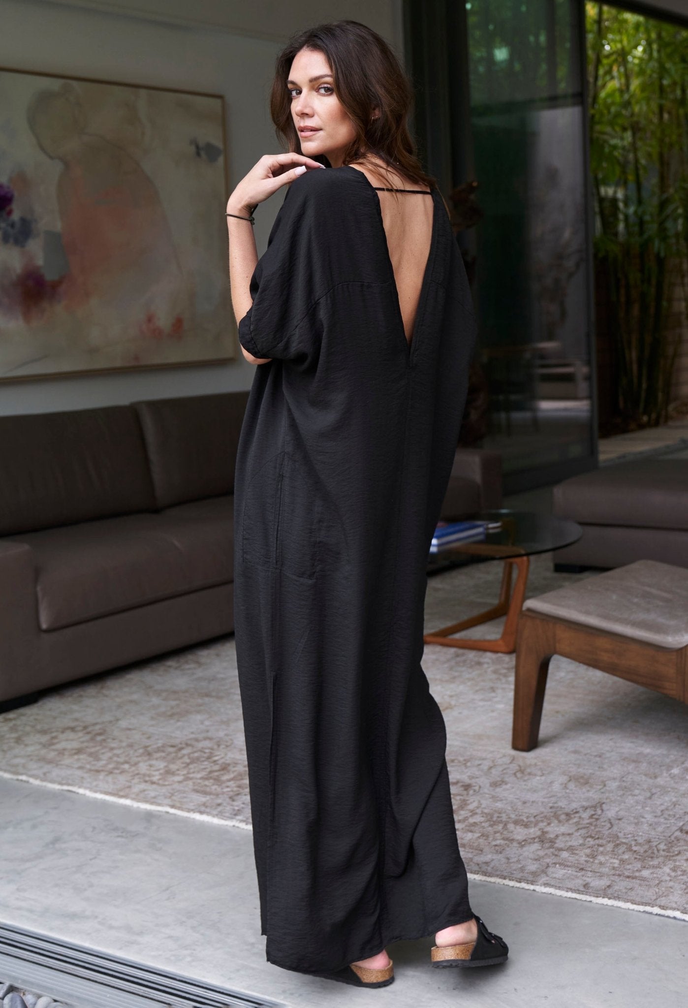 UPCYCLED - Mykonos Black Cupro V-Neck Long Caftan - ocean+main