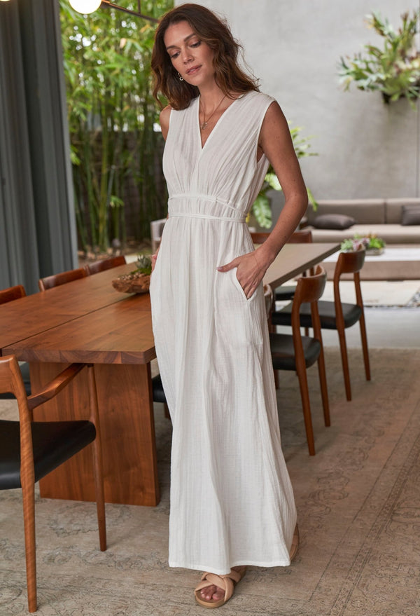 White Athena Long Cotton Gauze Dress - ocean+main