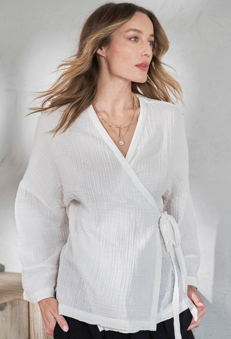 White Kimono Sleeve Gauze Wrap Top - ocean+main