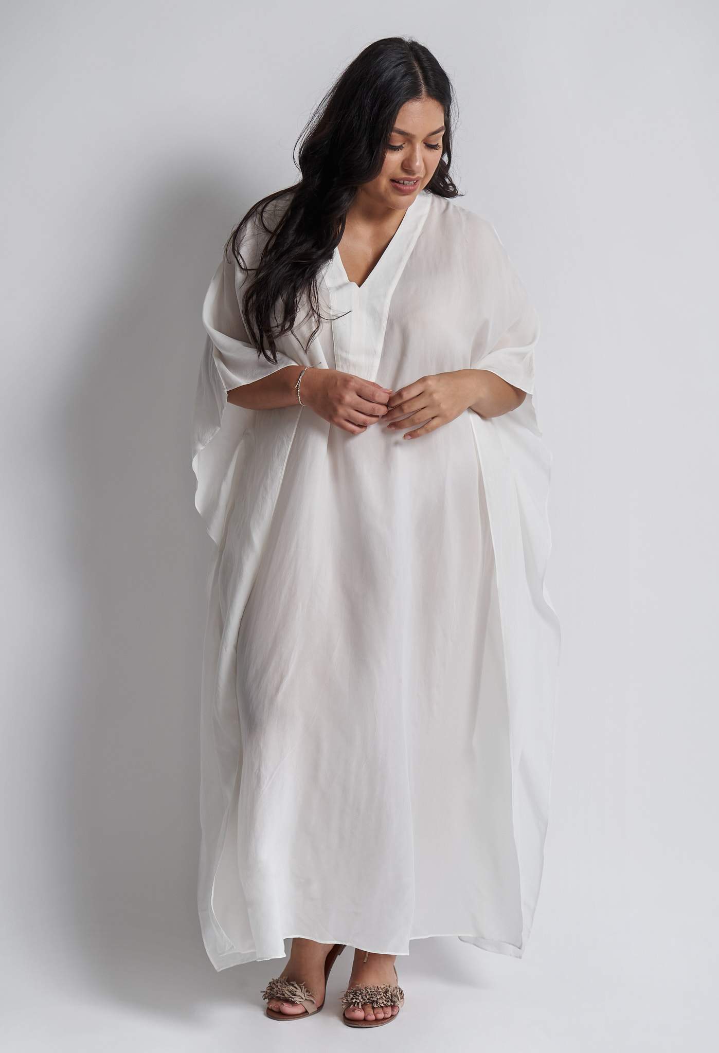 White Silk Placket V-Neck Long Caftan - ocean+main