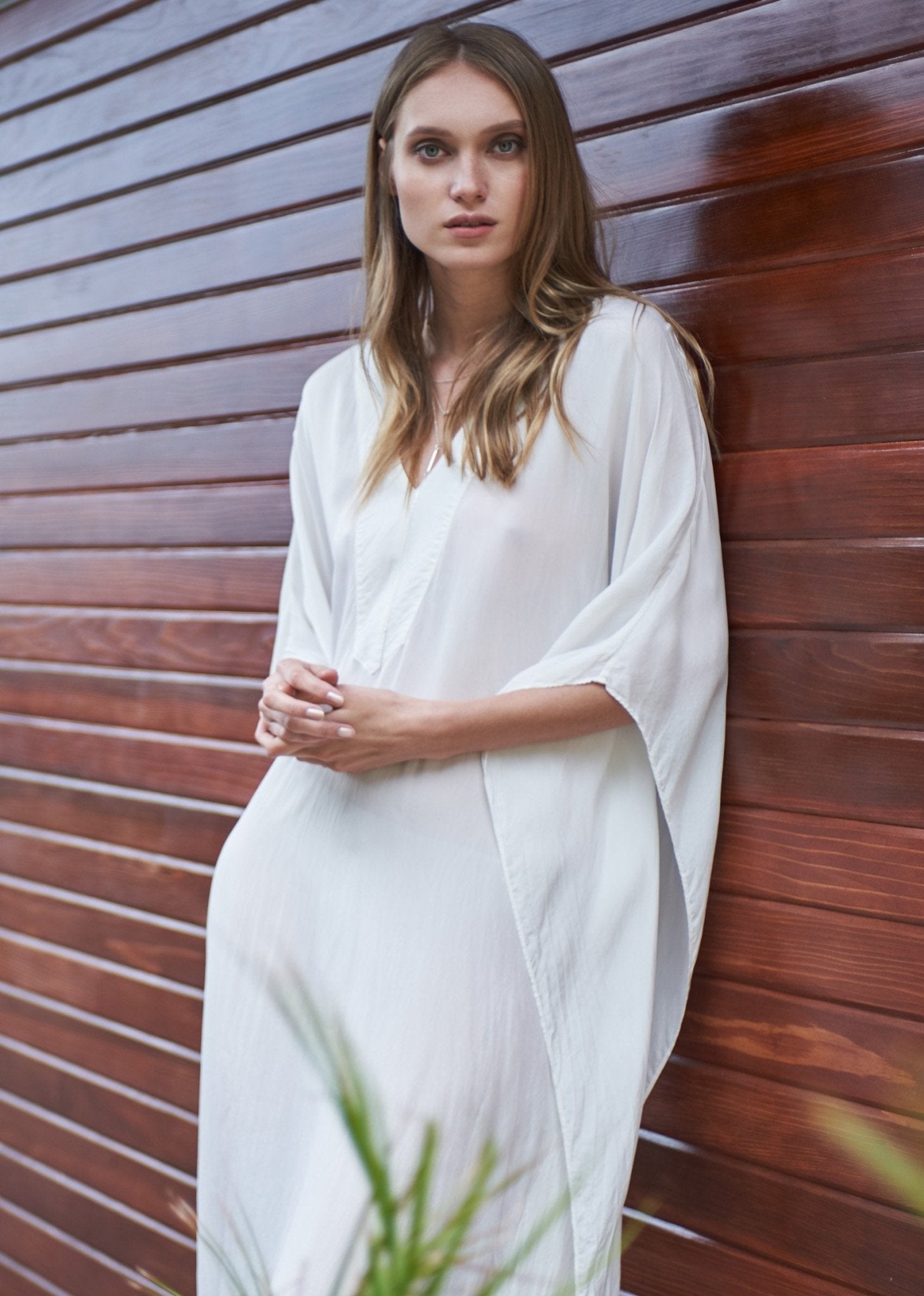 White Silk Placket V-Neck Long Caftan - ocean+main