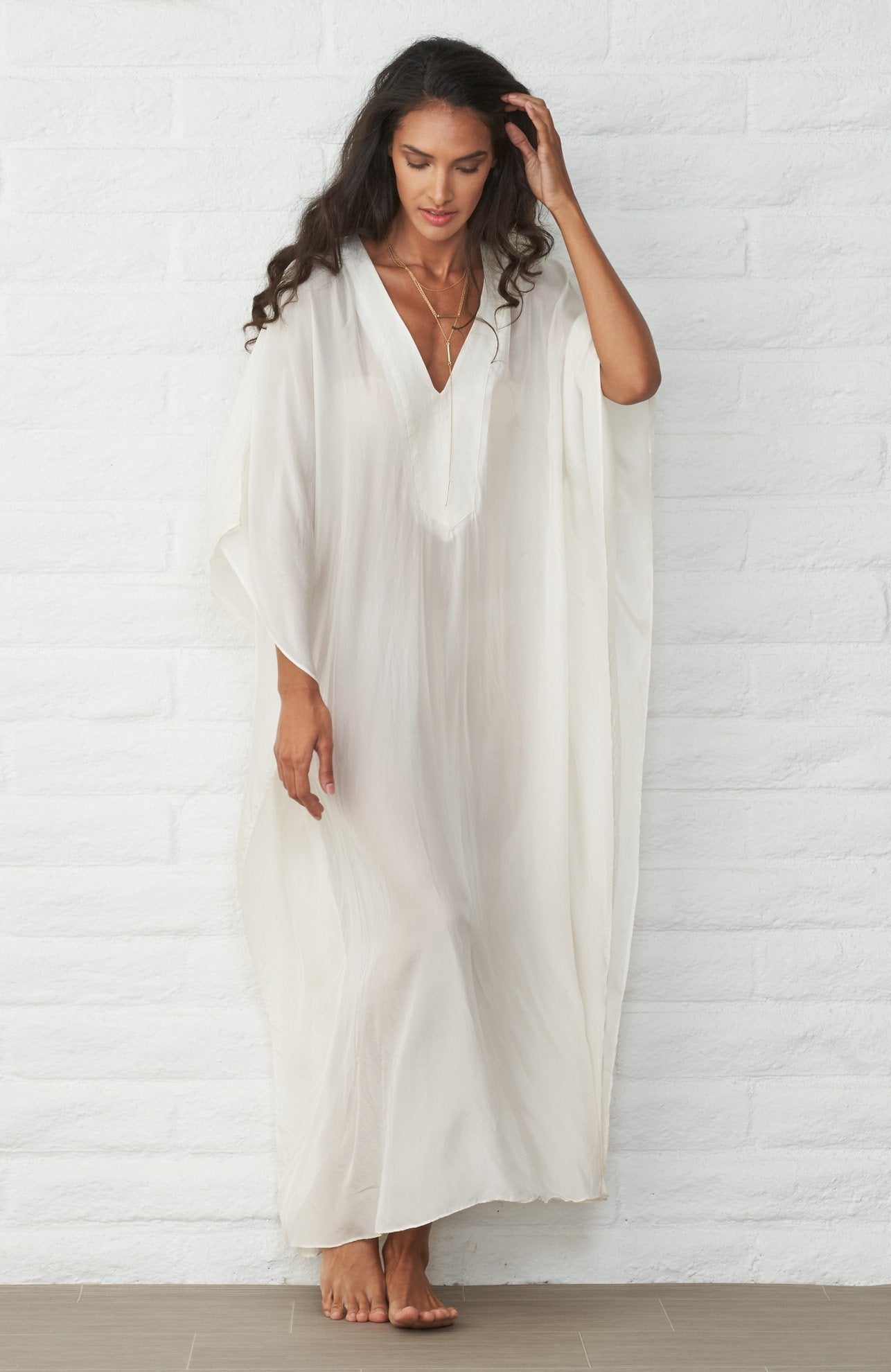 White Silk Placket V-Neck Long Caftan - ocean+main