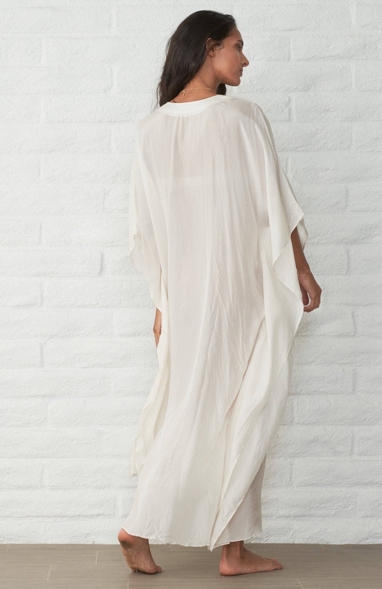 White Silk Placket V-Neck Long Caftan - ocean+main